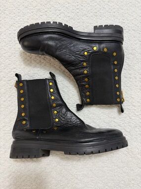 Silent D Ample Leather Chelsea Boot Black Gold Toned Studs Women’s Size 41